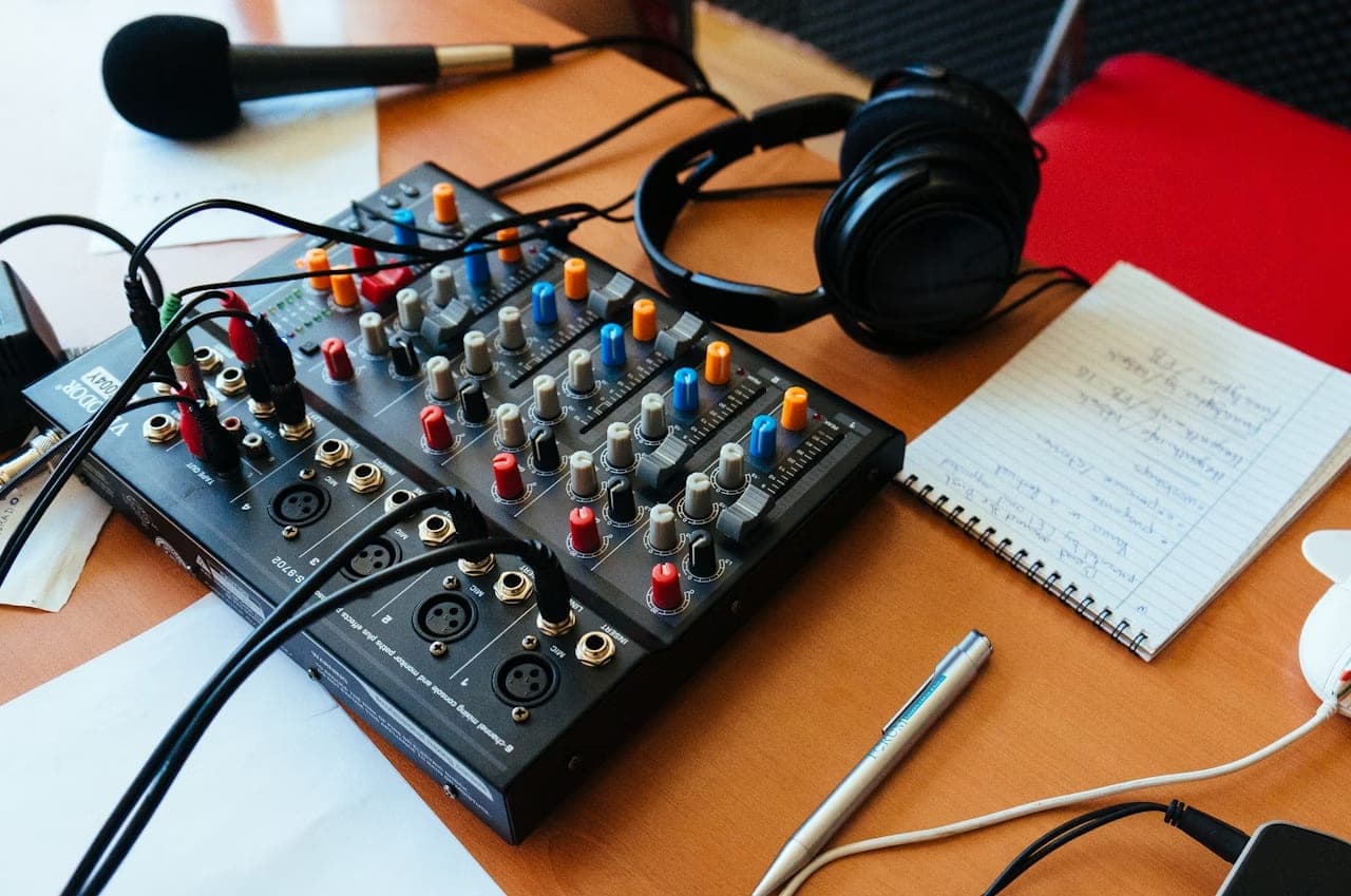 Estudio de Radio Activa con consola y auriculares